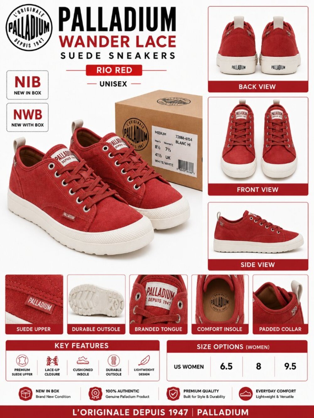 NIB Palladium Wander Lace Suede Sneakers Rio Red Sizes 6.5 8 9.5